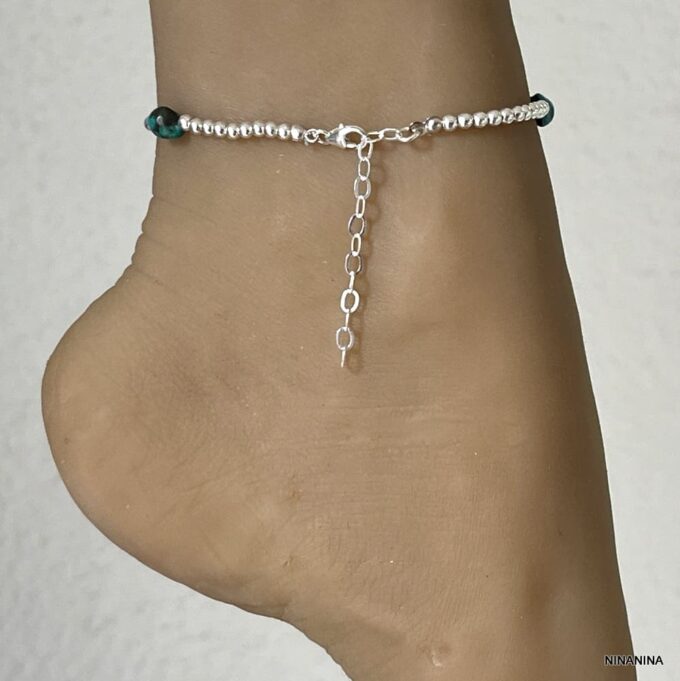 N4450f Bracelet Cheville Turquoise Verte Perles Argent 925 Massif Fait Main - Bijoux de pieds en ligne Ninanina