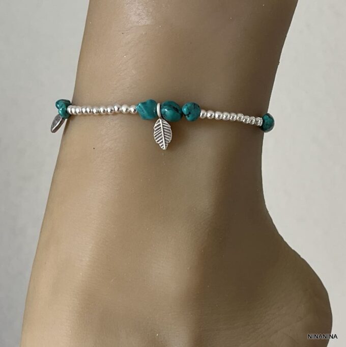 N4450h Bracelet Cheville Turquoise Verte Perles Argent 925 Massif Fait Main - Bijoux de pieds en ligne Ninanina