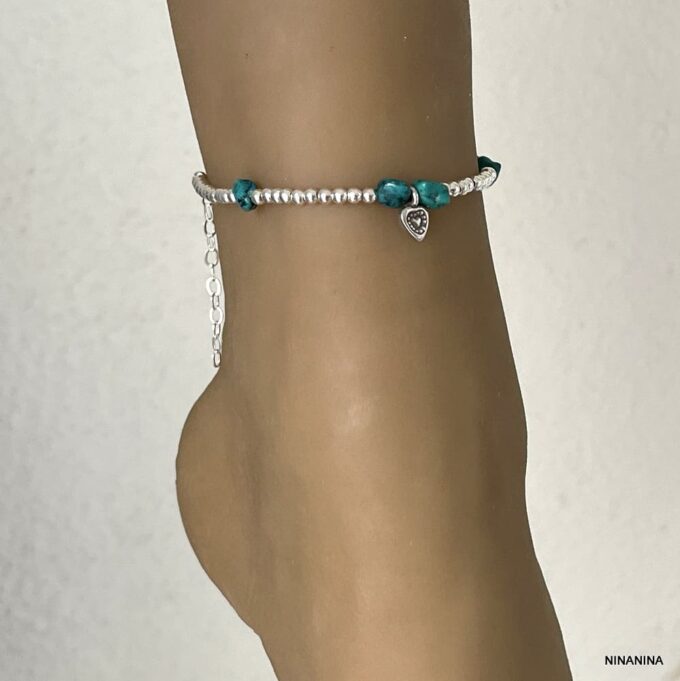 N4450i Bracelet Cheville Turquoise Verte Perles Argent 925 Massif Fait Main - Bijoux de pieds en ligne Ninanina