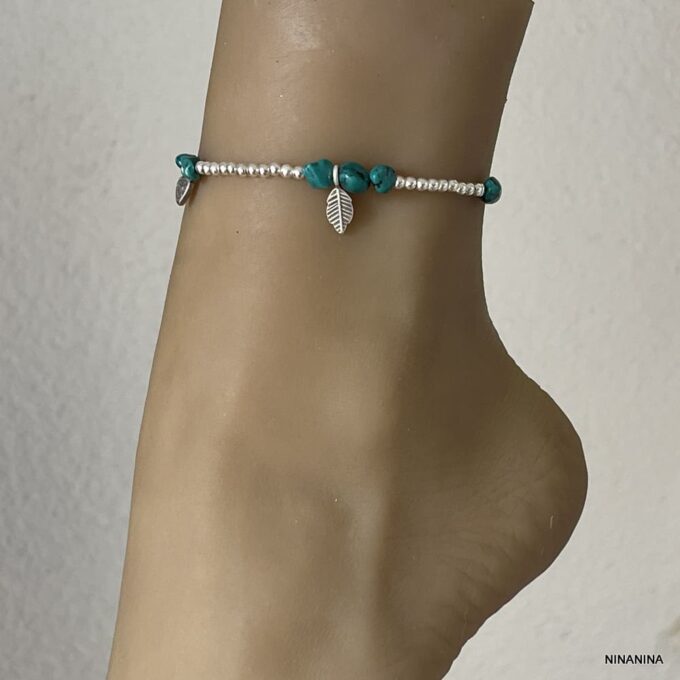 N4450j Bracelet Cheville Turquoise Verte Perles Argent 925 Massif Fait Main - Bijoux de pieds en ligne Ninanina