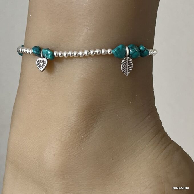 N4450k Bracelet Cheville Turquoise Verte Perles Argent 925 Massif Fait Main - Bijoux de pieds en ligne Ninanina