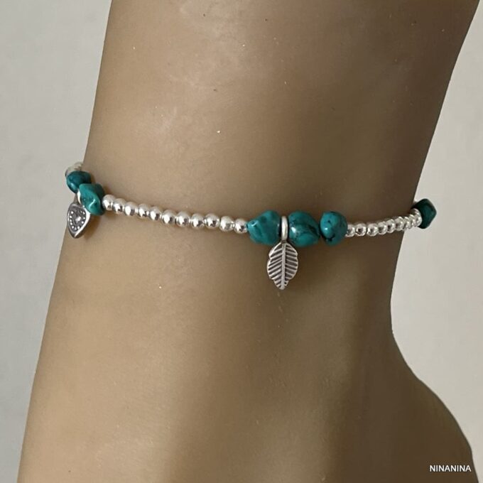 N4450l Bracelet Cheville Turquoise Verte Perles Argent 925 Massif Fait Main - Bijoux de pieds en ligne Ninanina