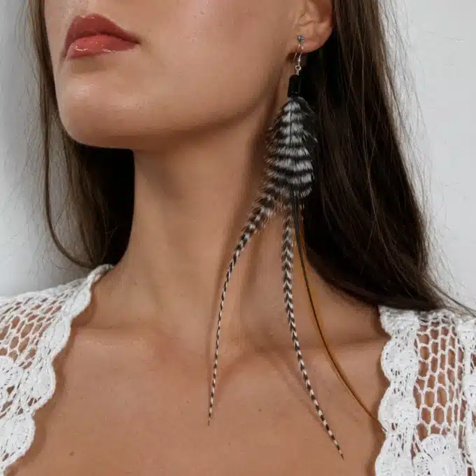 N4452 Boucles d'oreilles longues plumes Argent 925 massif boheme - Bijoux d'oreille femmes en ligne Ninanina