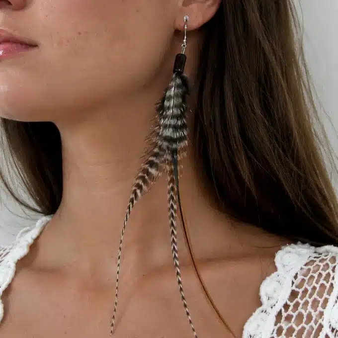N4452a Boucles d'oreilles longues plumes Argent 925 massif boheme - Bijoux d'oreille femmes en ligne Ninanina