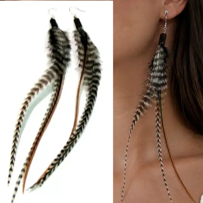 N4452b Boucles d'oreilles longues plumes Argent 925 massif boheme - Bijoux d'oreille femmes en ligne Ninanina