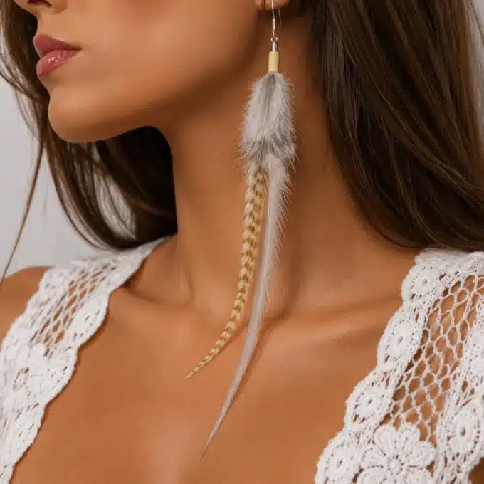 N4454a Boucles d'oreilles créoles plumes véritables Argent 925 massif - Bijoux d'oreille en ligne Ninanina