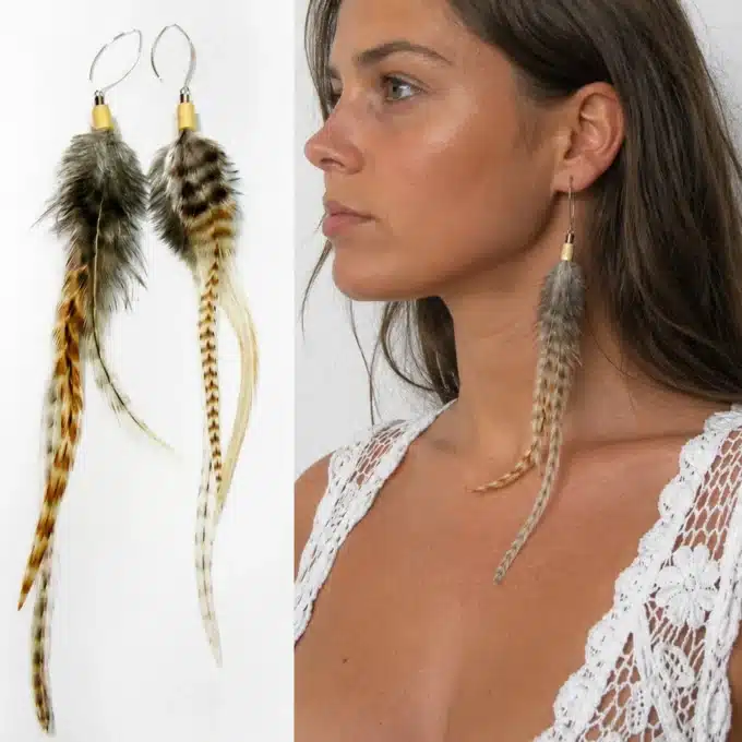 N4454c Boucles d'oreilles créoles plumes véritables Argent 925 massif - Bijoux d'oreille en ligne Ninanina