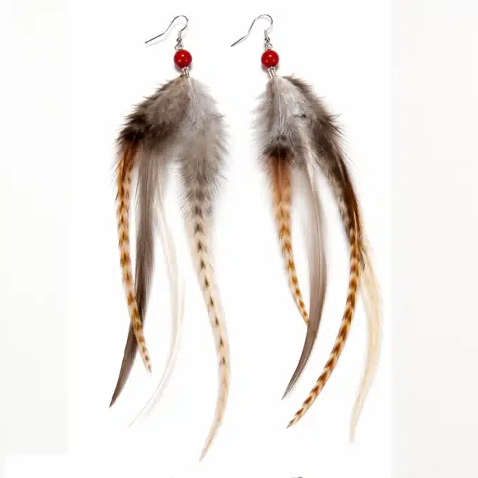 N4455A Boucles d'oreilles longues plumes Argent 925 perle orange - Bijoux d'oreille femmes en ligne ninanina