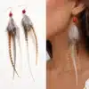 N4455B Boucles d'oreilles longues plumes Argent 925 perle orange - Bijoux d'oreille femmes en ligne ninanina