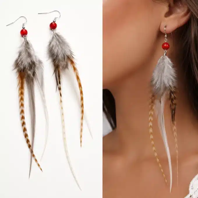 N4455B Boucles d'oreilles longues plumes Argent 925 perle orange - Bijoux d'oreille femmes en ligne ninanina
