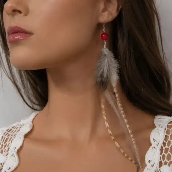 N4455C Boucles d'oreilles longues plumes Argent 925 perle orange - Bijoux d'oreille femmes en ligne ninanina