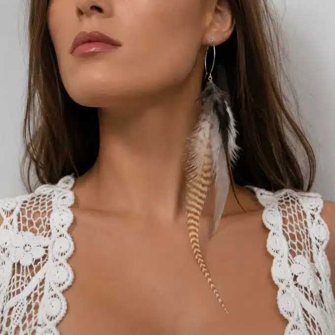 N4456a Boucles d'oreilles femme plumes Argent massif boheme - Bijoux d'oreille en ligne Ninanina