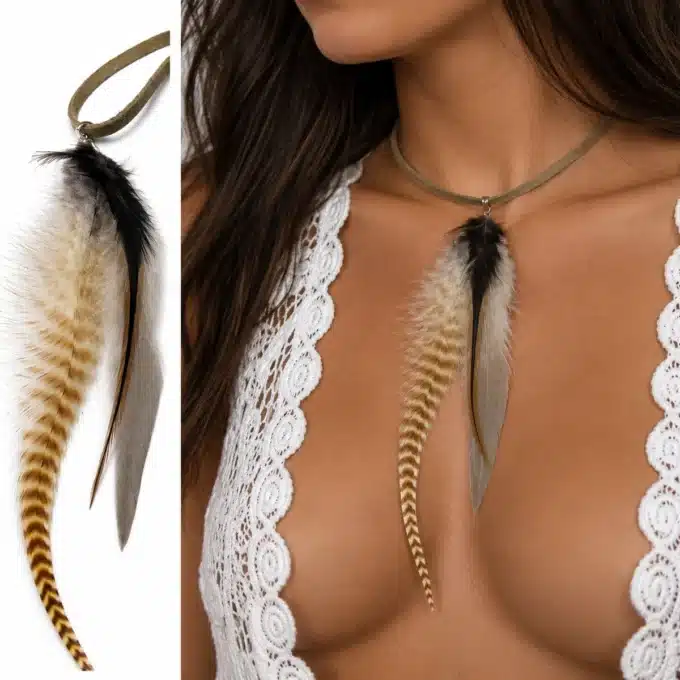 N4458 Collier femme plumes naturelles et Argent 925 cordon cuir - Bijoux colliers femmes en ligne Ninanina