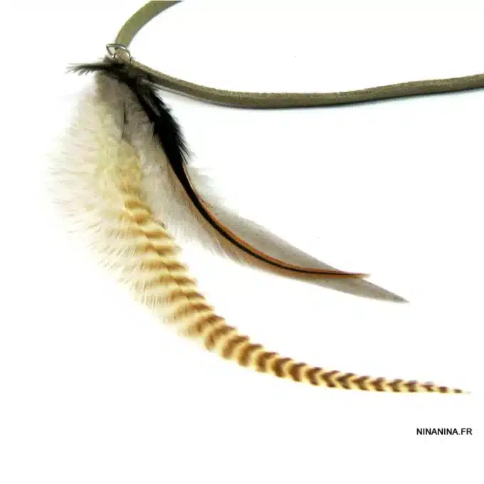 N4458a Collier femme plumes naturelles et Argent 925 cordon cuir - Bijoux colliers femmes en ligne Ninanina