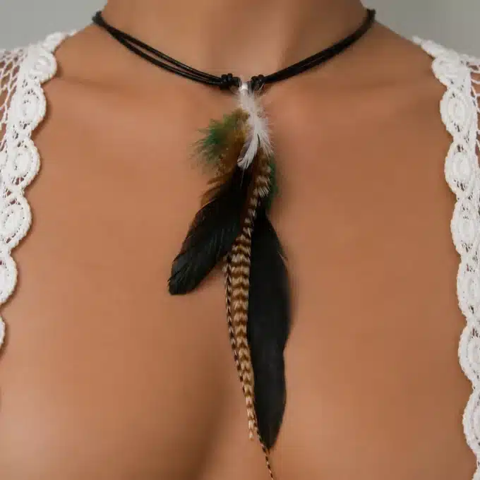 N4459a Collier plume naturelle et Argent 925 femme cordon cuir - Bijoux colliers femmes en ligne Ninanina