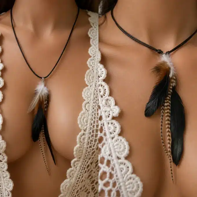 N4459c Collier plume naturelle et Argent 925 femme cordon cuir - Bijoux colliers femmes en ligne Ninanina