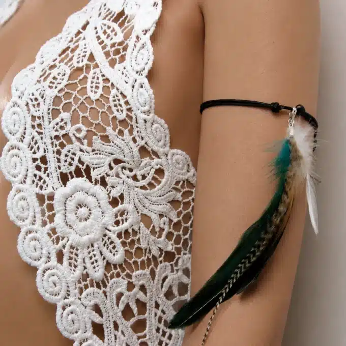 N4462 Bracelet de bras plumes naturelles Argent 925 cordon cuir - Bijoux bracelets femmes en ligne Ninanina