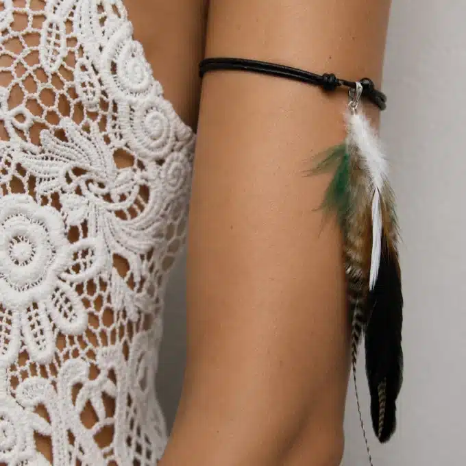 N4462a Bracelet de bras plumes naturelles Argent 925 cordon cuir - Bijoux bracelets femmes en ligne Ninanina