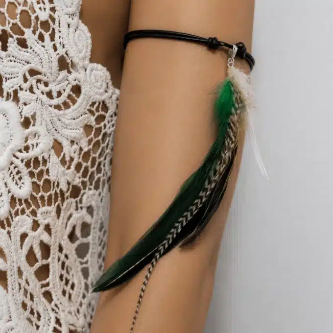 N4462b Bracelet de bras plumes naturelles Argent 925 cordon cuir - Bijoux bracelets femmes en ligne Ninanina