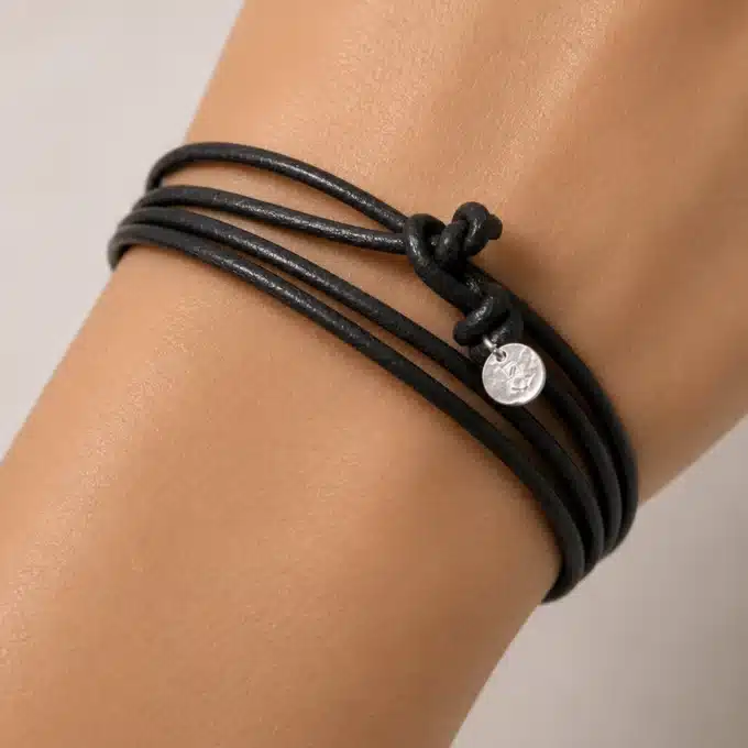 N4469b Bracelet à l'infini argent 925 massif cordon cuir enroulé - Bijoux bracelets mixtes en ligne Ninanina
