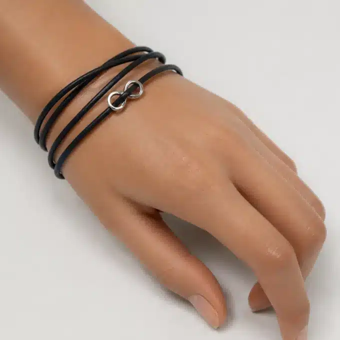N4469d Bracelet à l'infini argent 925 massif cordon cuir enroulé - Bijoux bracelets mixtes en ligne Ninanina