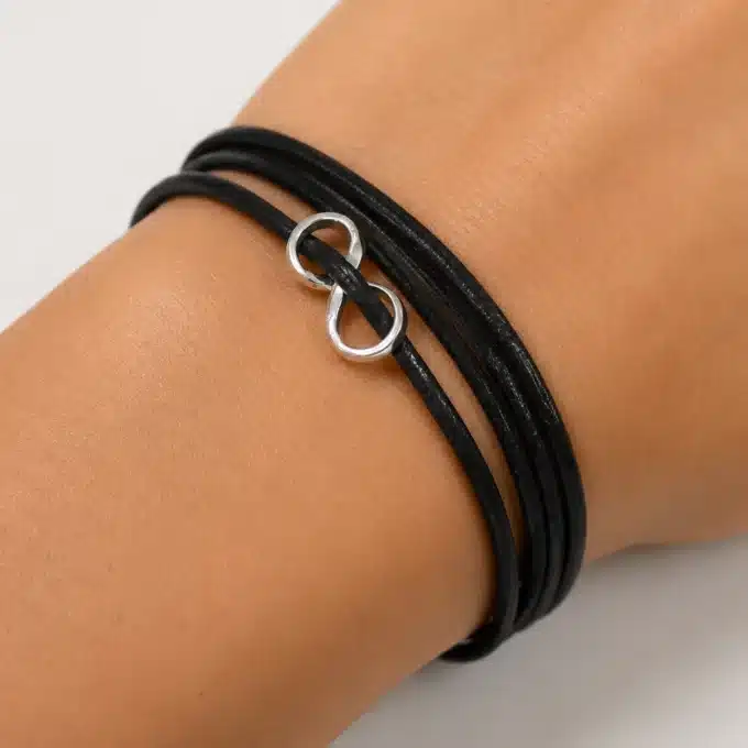 N4469e Bracelet à l'infini argent 925 massif cordon cuir enroulé - Bijoux bracelets mixtes en ligne Ninanina