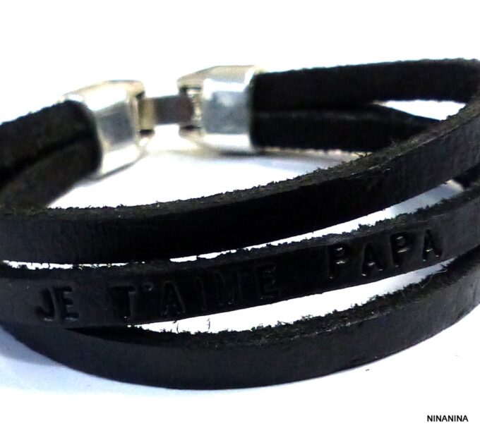 N4472 Bracelet homme cuir 3 rangs personnalisé je t aime papa