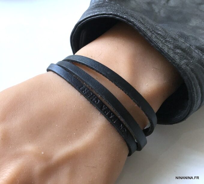 N4472 Bracelet pour papa personnalisé cuir noir 3 rangs - Bijoux Bracelets en ligne Ninanina