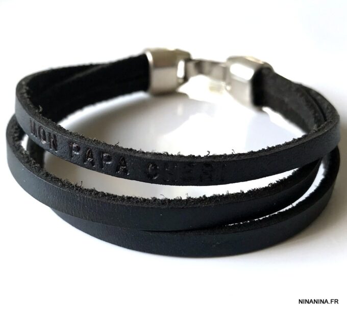N4472a Bracelet pour papa personnalisé cuir noir 3 rangs - Bijoux Bracelets en ligne Ninanina