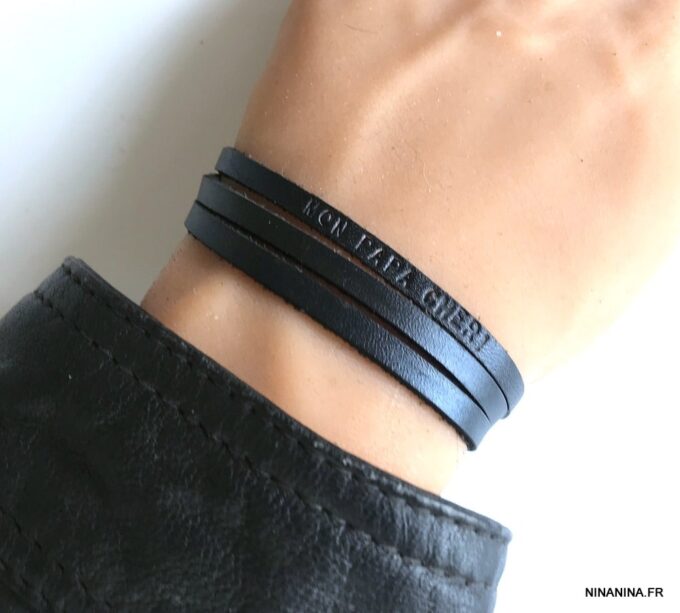 N4472b Bracelet pour papa personnalisé cuir noir 3 rangs - Bijoux Bracelets en ligne Ninanina