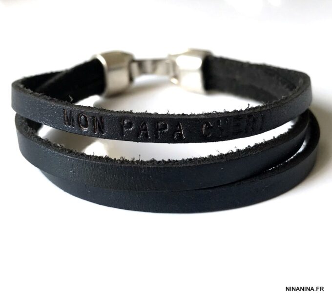 N4472d Bracelet pour papa personnalisé cuir noir 3 rangs - Bijoux Bracelets en ligne Ninanina
