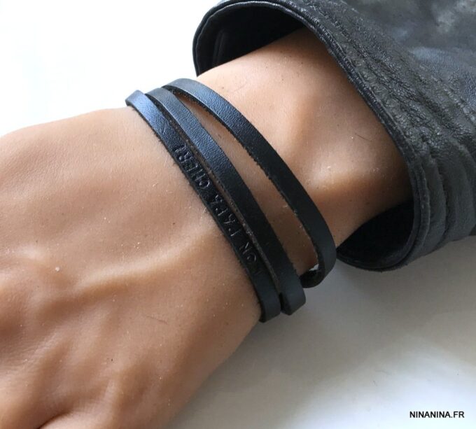 N4472e Bracelet pour papa personnalisé cuir noir 3 rangs - Bijoux Bracelets en ligne Ninanina
