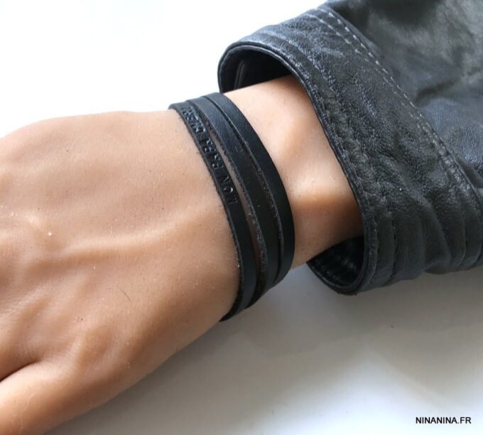 N4472f Bracelet pour papa personnalisé cuir noir 3 rangs - Bijoux Bracelets en ligne Ninanina