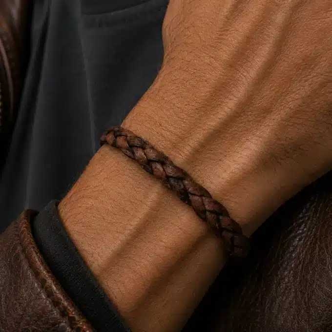 N4487 Bracelet homme cuir tressé marron fermoir Argent 925 massif - Bijoux bracelets hommes en ligne Ninanina