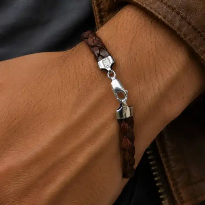 N4487a Bracelet homme cuir tressé marron fermoir Argent 925 massif - Bijoux bracelets hommes en ligne Ninanina