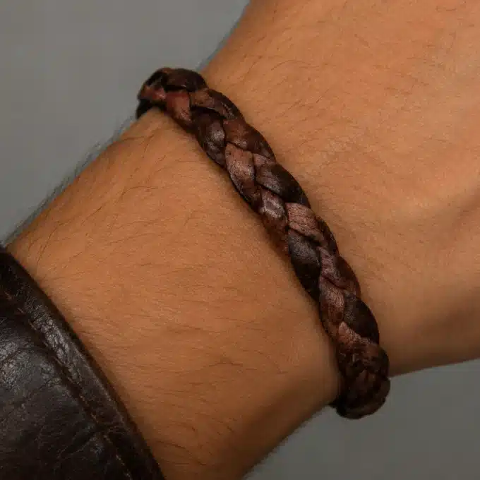 N4487b Bracelet homme cuir tressé marron fermoir Argent 925 massif - Bijoux bracelets hommes en ligne Ninanina