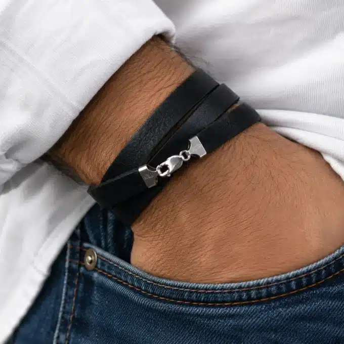 N4488 Bracelet Cuir 3 tours Argent 925 massif personnalisé - Bijoux bracelets hommes en ligne Ninanina