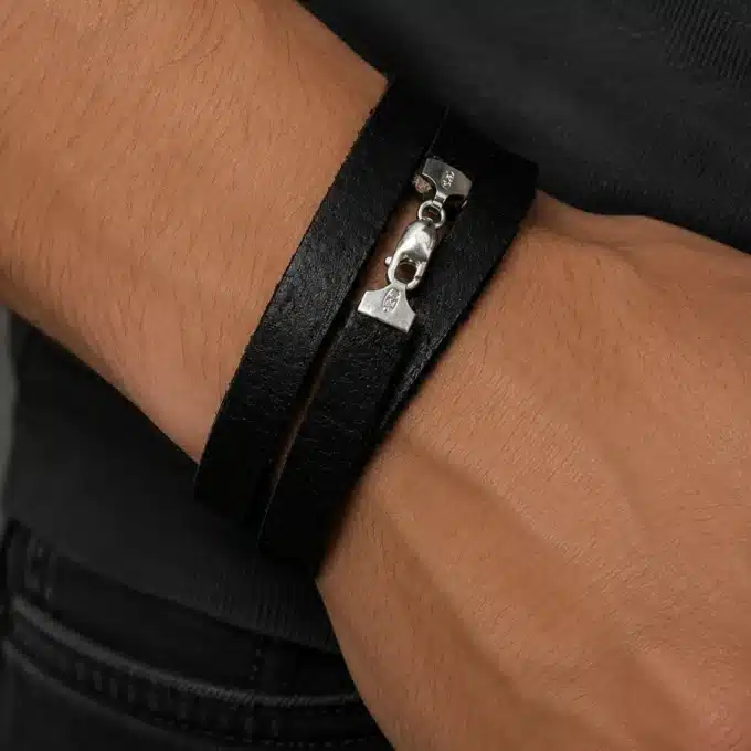 N4488b Bracelet Cuir 3 tours Argent 925 massif personnalisé - Bijoux bracelets hommes en ligne Ninanina