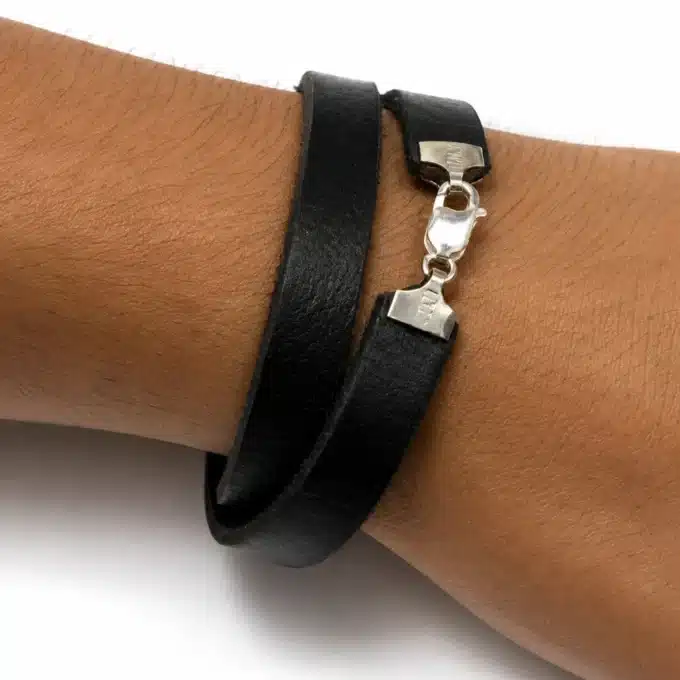 N4489a Bracelet homme personnalisé cuir 2 tours Argent 925 massif - Bijoux bracelets hommes en ligne Ninanina
