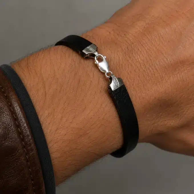 N4490a Bracelet personnalisé chiffres romains cuir Argent 925 homme - Bijoux bracelets hommes en ligne Ninanina