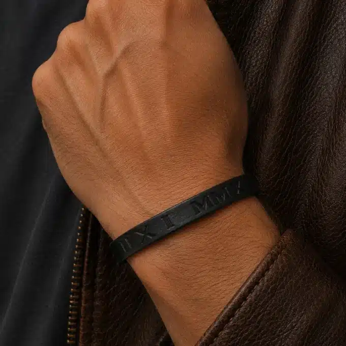 N4490b Bracelet personnalisé chiffres romains cuir Argent 925 homme - Bijoux bracelets hommes en ligne Ninanina