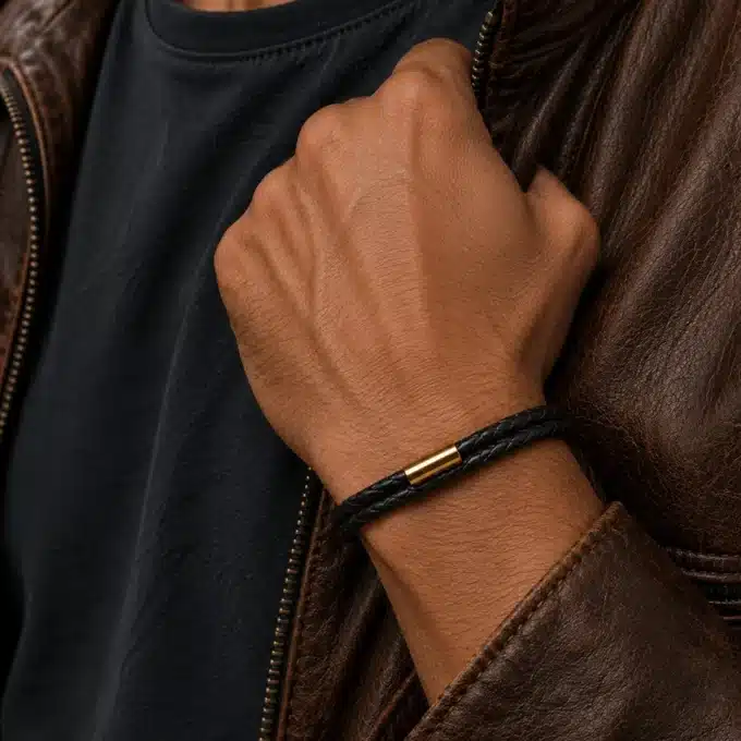 N4497 Bracelet cuir tressé marron homme acier inoxydable doré - Bijoux bracelets hommes en ligne Ninanina