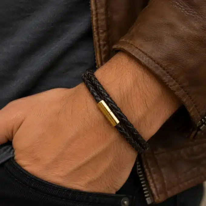 N4497c Bracelet cuir tressé marron homme acier inoxydable doré - Bijoux bracelets hommes en ligne Ninanina