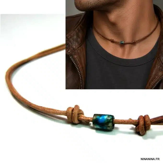 N4500 Collier cordon cuir homme perle os organique bleu turquoise - Bijoux colliers hommes en ligne Ninanina
