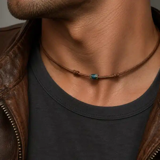 N4500A Collier cordon cuir homme perle os organique bleu turquoise - Bijoux colliers hommes en ligne Ninanina