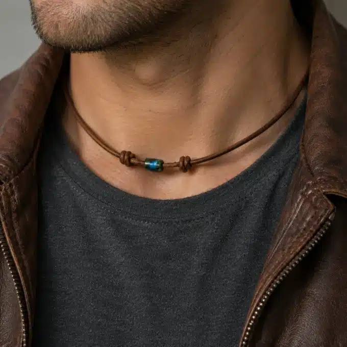 N4500B Collier cordon cuir homme perle os organique bleu turquoise - Bijoux colliers hommes en ligne Ninanina