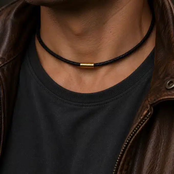 N4503 Collier cuir tressé fermoir Acier inoxydable doré homme - Bijoux colliers hommes en ligne Ninanina