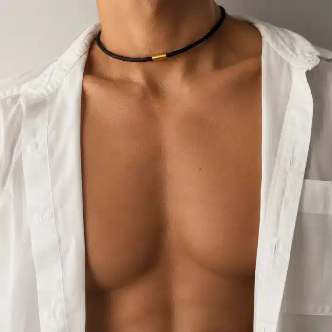 N4503A Collier cuir tressé fermoir Acier inoxydable doré homme - Bijoux colliers hommes en ligne Ninanina