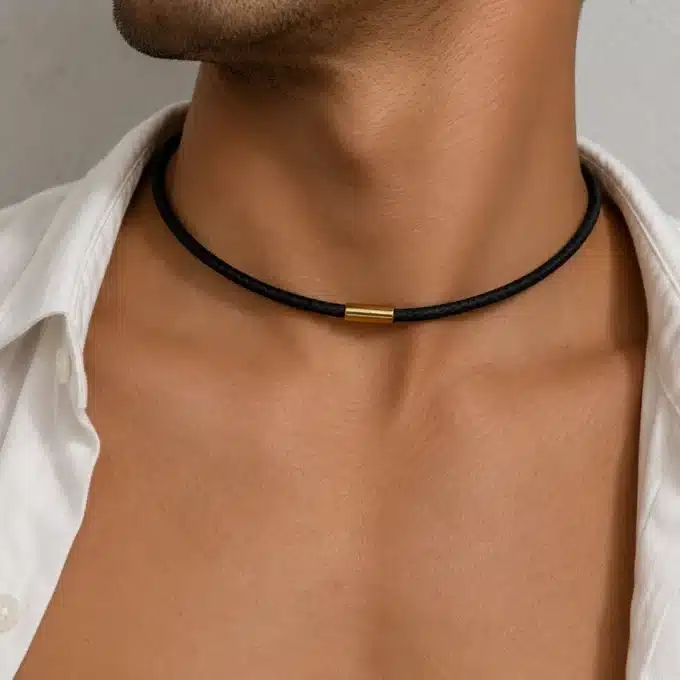 N4503B Collier cuir tressé fermoir Acier inoxydable doré homme - Bijoux colliers hommes en ligne Ninanina
