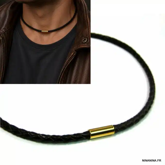 N4503C Collier cuir tressé fermoir Acier inoxydable doré homme - Bijoux colliers hommes en ligne Ninanina